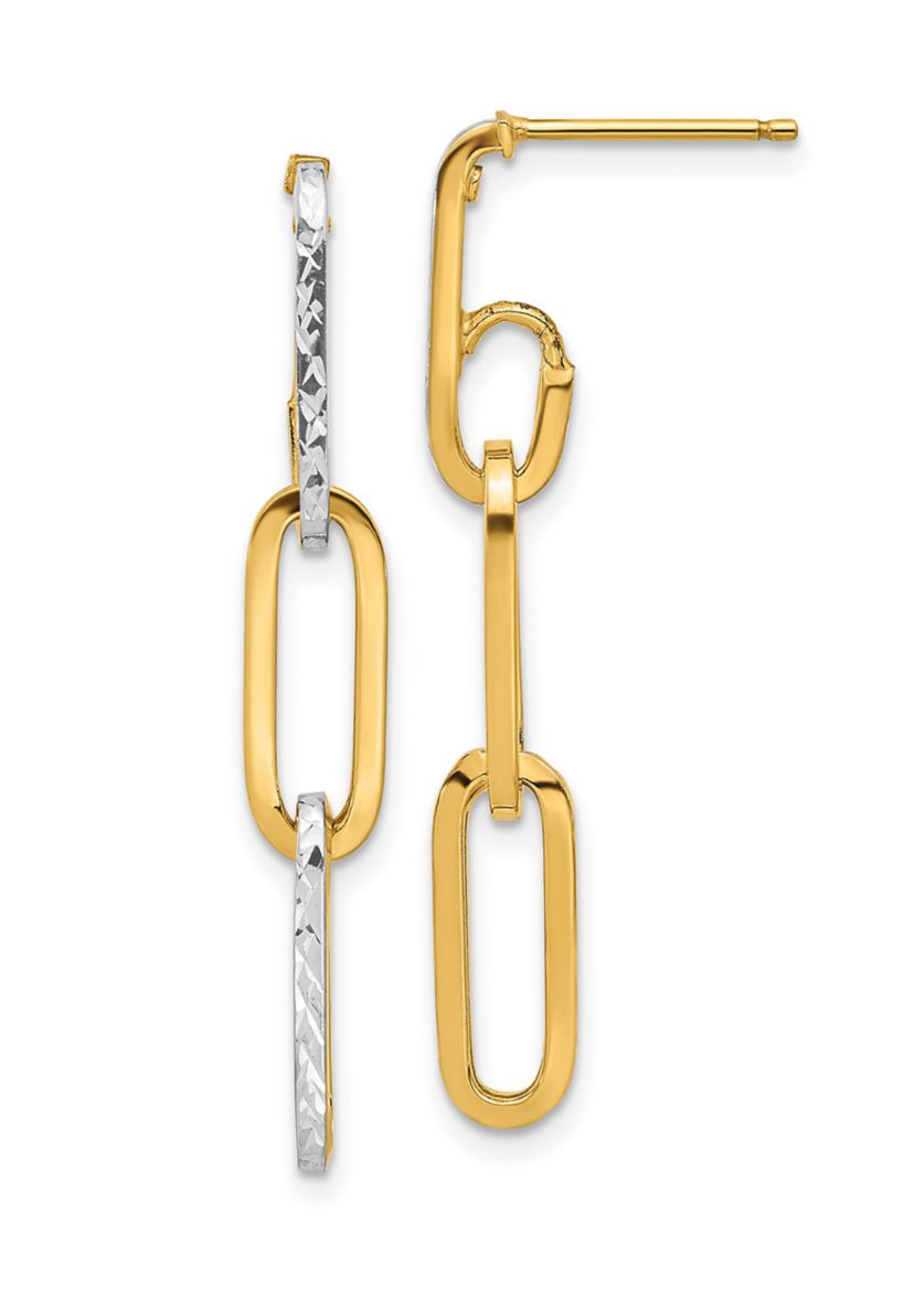 14K Yellow Gold with White Rhodium Polished and Diamond Cut Link Dangle Earrings