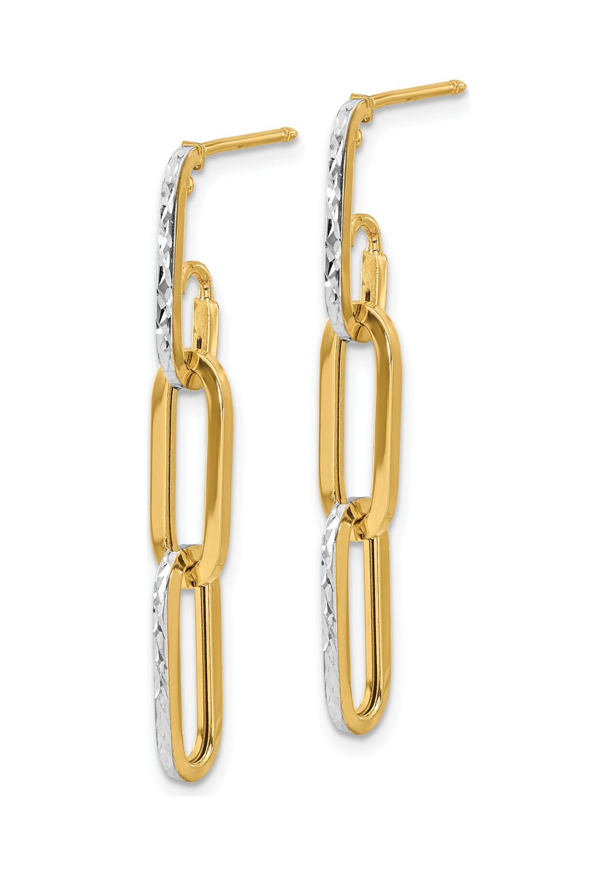 14K Yellow Gold with White Rhodium Polished and Diamond Cut Link Dangle Earrings