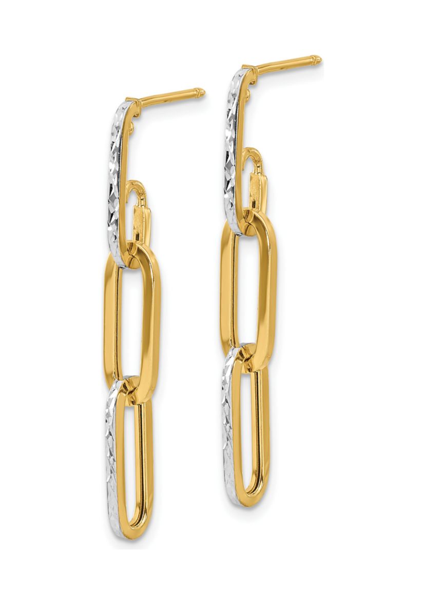 14K Yellow Gold with White Rhodium Polished and Diamond Cut Link Dangle Earrings