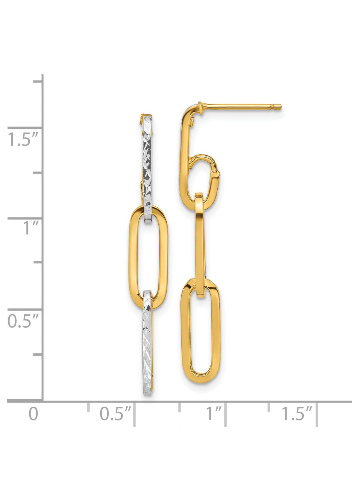 14K Yellow Gold with White Rhodium Polished and Diamond Cut Link Dangle Earrings