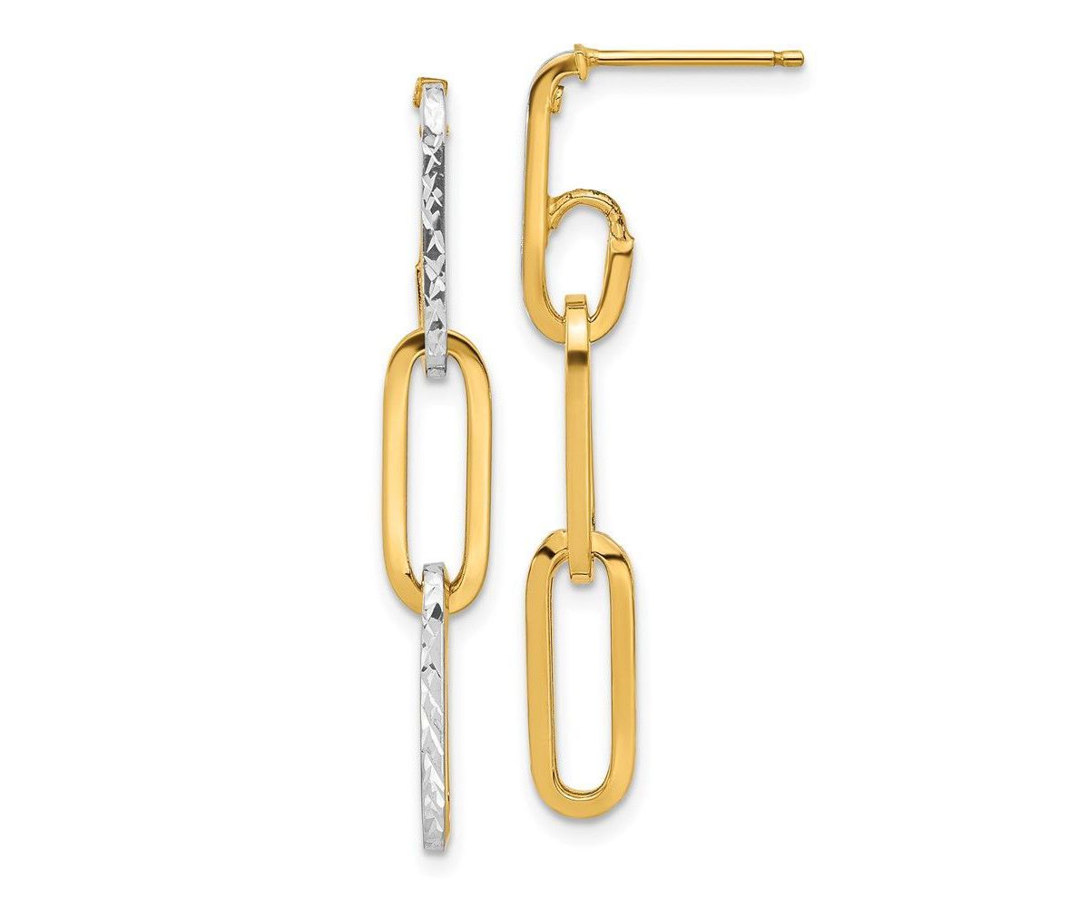 14K Yellow Gold with White Rhodium Polished and Diamond Cut Link Dangle Earrings