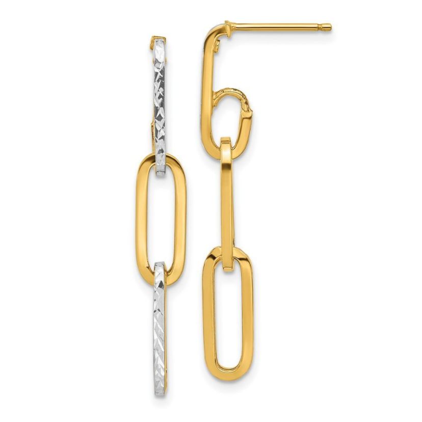 14K Yellow Gold with White Rhodium Polished and Diamond Cut Link Dangle Earrings