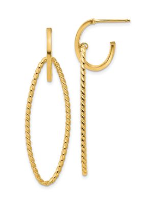 14K Yellow Gold Polished and Twist Dangle Oval J-Hoop Earrings