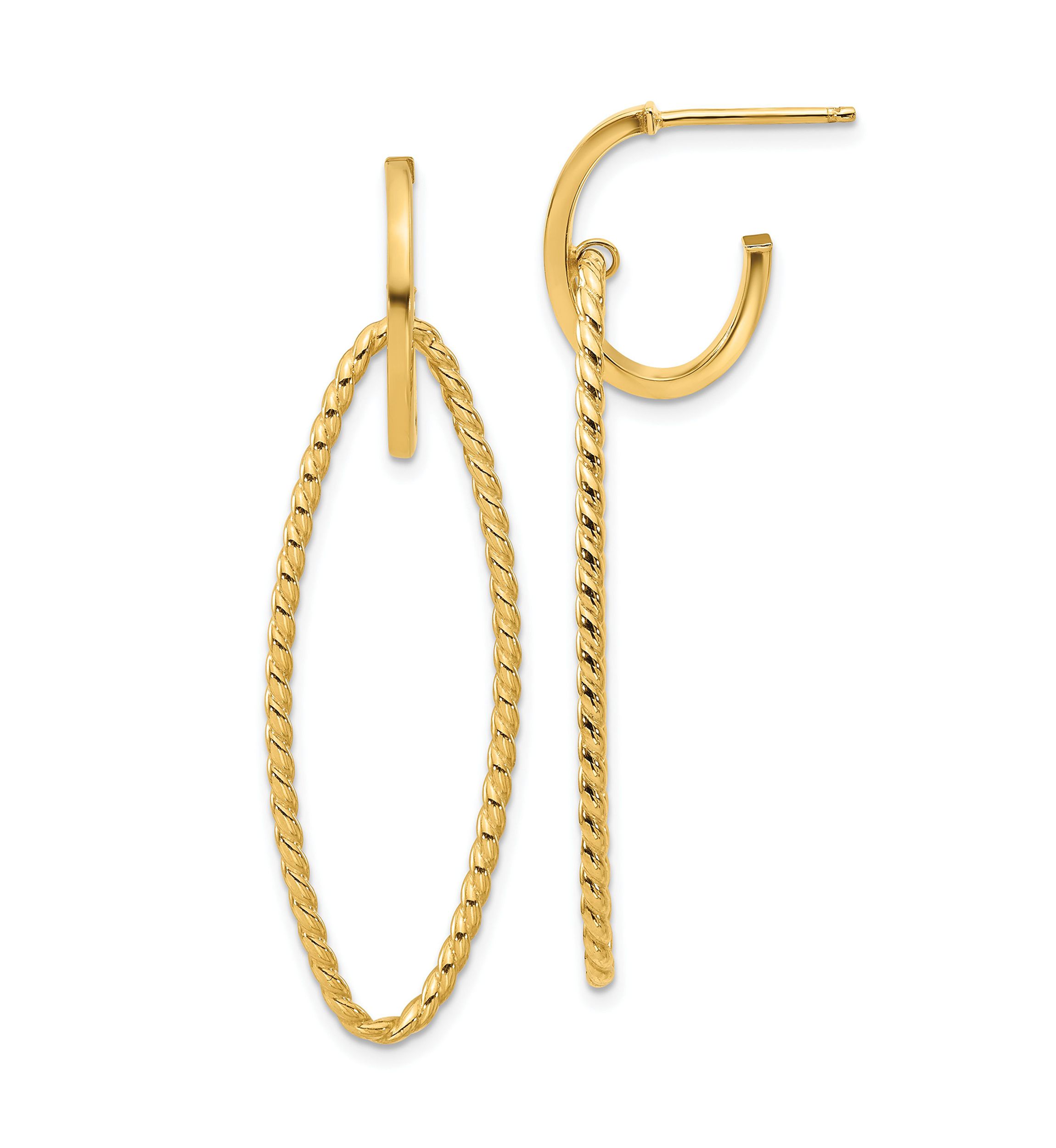 14K Yellow Gold Polished and Twist Dangle Oval J-Hoop Earrings