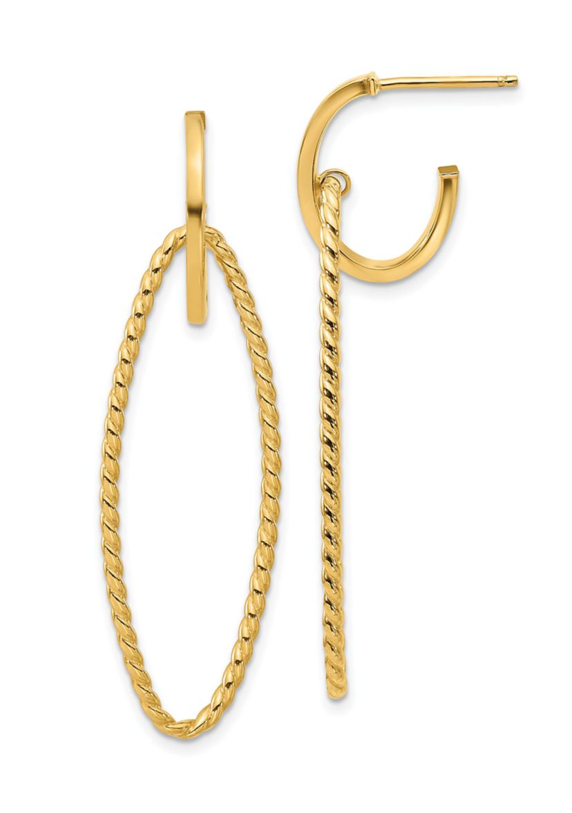 14K Yellow Gold Polished and Twist Dangle Oval J-Hoop Earrings
