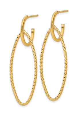 14K Yellow Gold Polished and Twist Dangle Oval J-Hoop Earrings