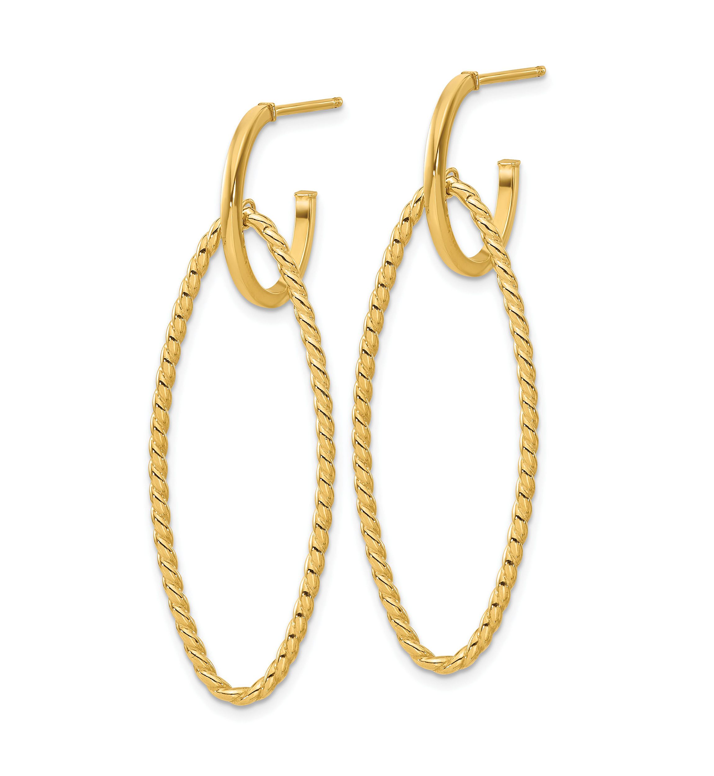 14K Yellow Gold Polished and Twist Dangle Oval J-Hoop Earrings