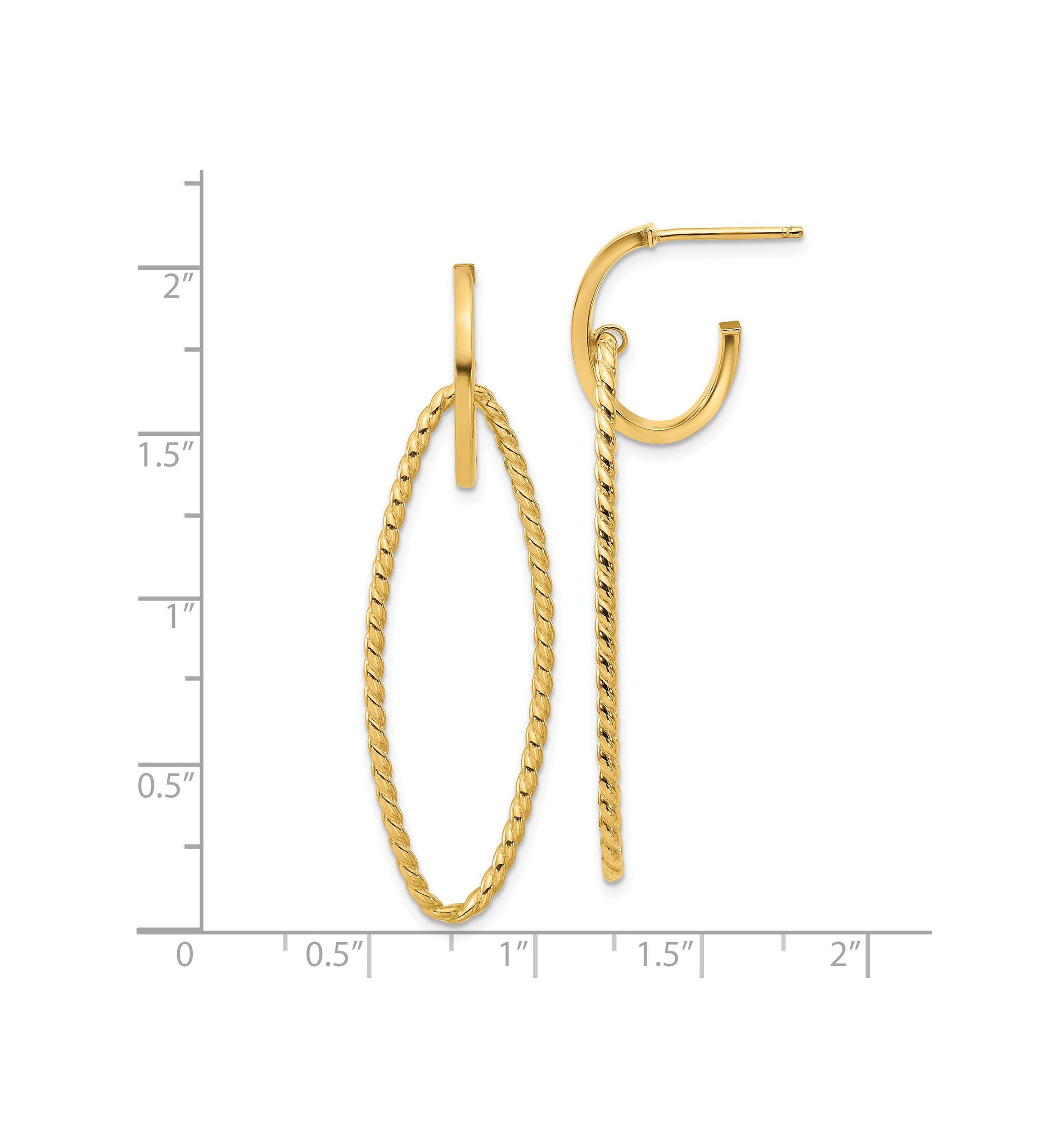 14K Yellow Gold Polished and Twist Dangle Oval J-Hoop Earrings