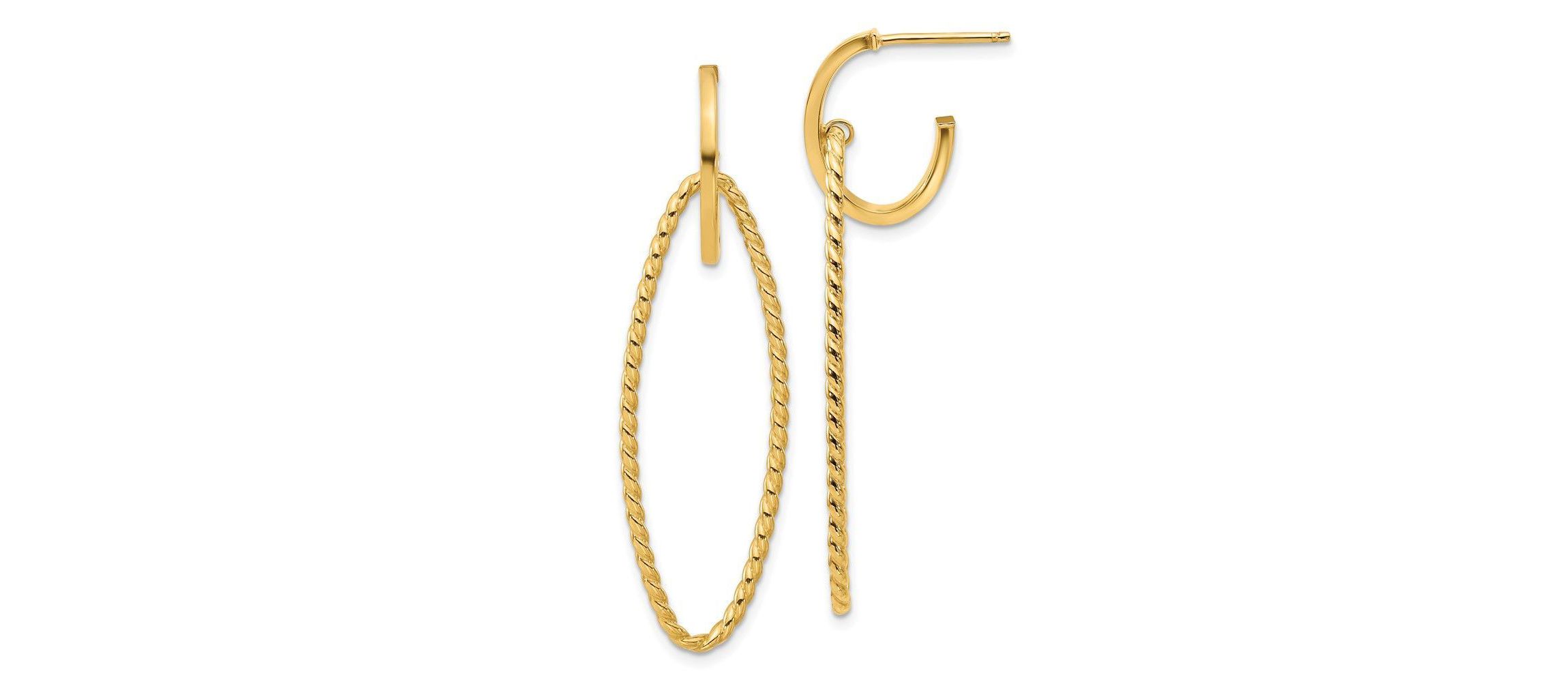 14K Yellow Gold Polished and Twist Dangle Oval J-Hoop Earrings