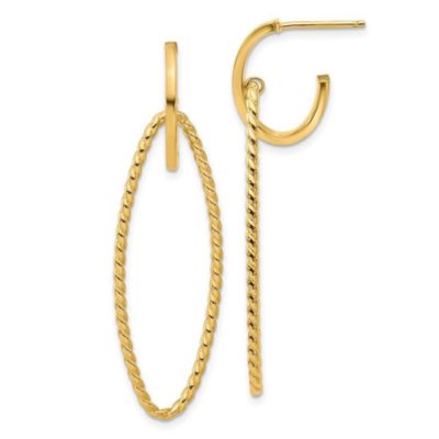14K Yellow Gold Polished and Twist Dangle Oval J-Hoop Earrings