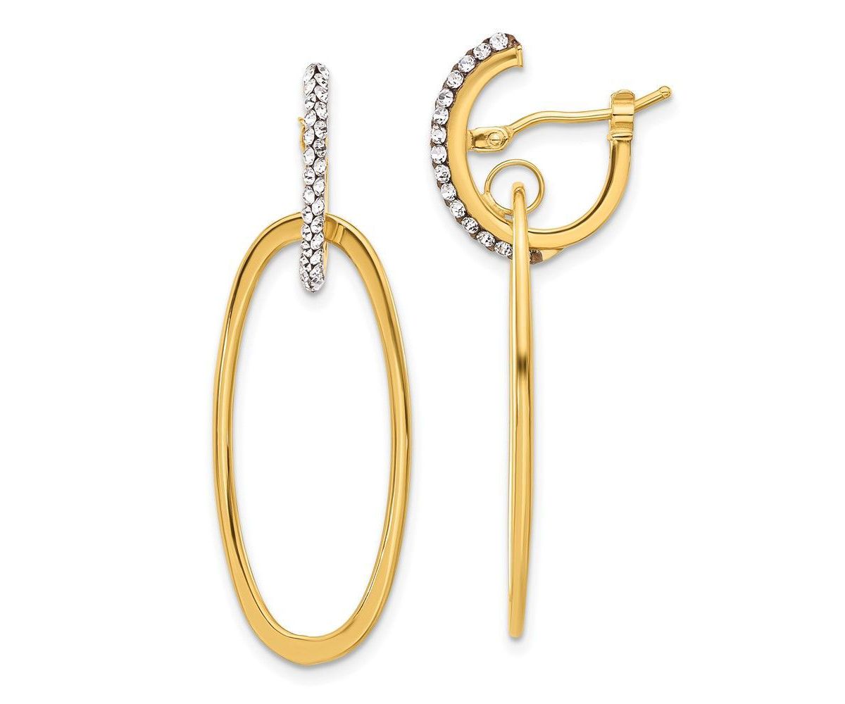 14K Yellow Gold Polished Crystals Oval Hoop Earrings