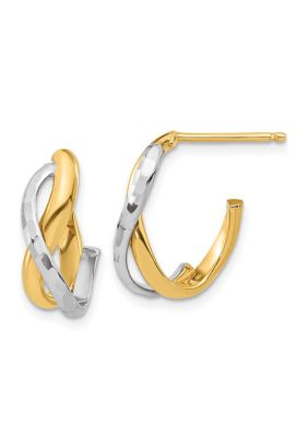 14K Two Tone Polished and Diamond Cut J-Hoop Post Earrings