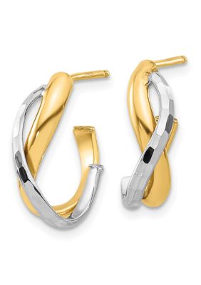 14K Two Tone Polished and Diamond Cut J-Hoop Post Earrings