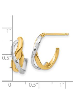 14K Two Tone Polished and Diamond Cut J-Hoop Post Earrings