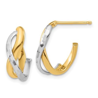 14K Two Tone Polished and Diamond Cut J-Hoop Post Earrings