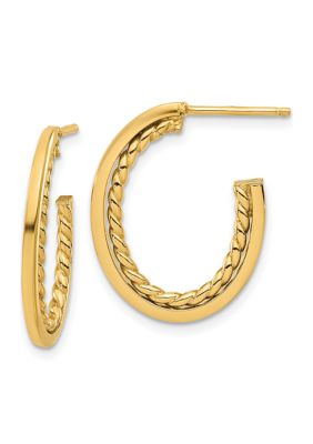 14K Yellow Gold Polished and Twist J-Hoop Post Earrings