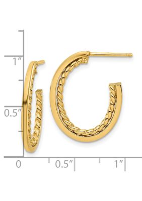 14K Yellow Gold Polished and Twist J-Hoop Post Earrings