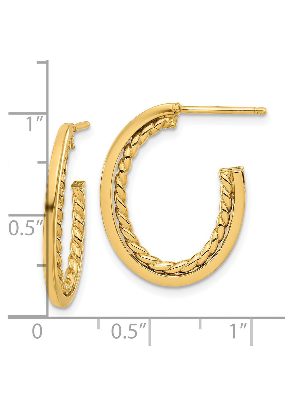 14K Yellow Gold Polished and Twist J-Hoop Post Earrings