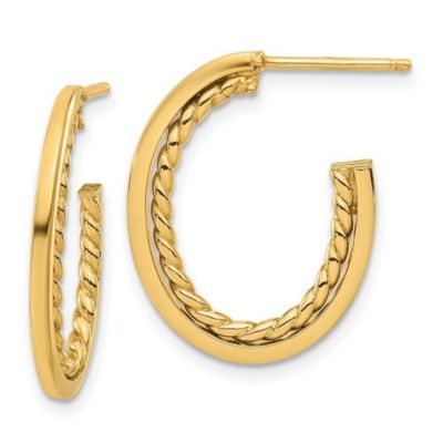 14K Yellow Gold Polished and Twist J-Hoop Post Earrings