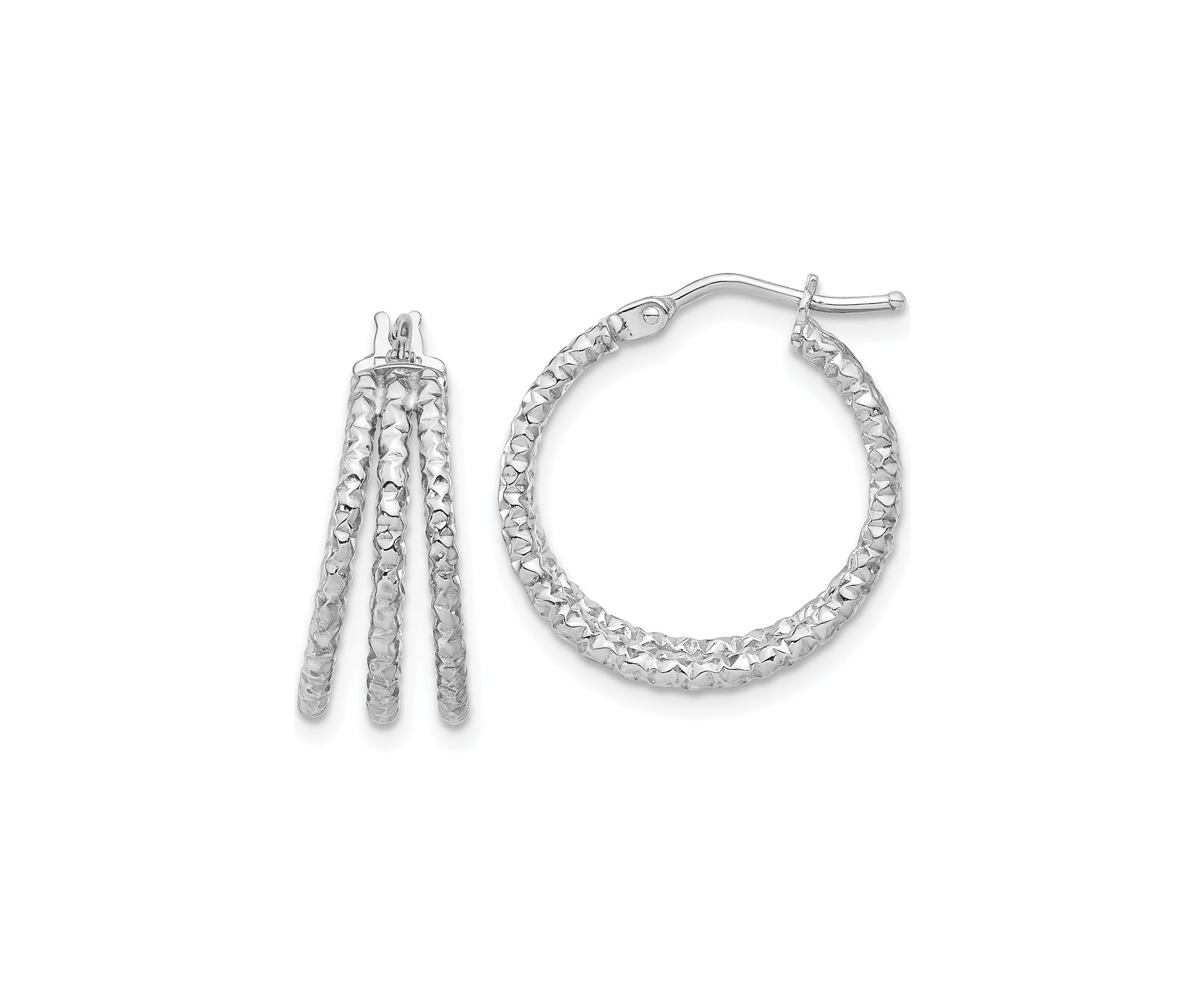 14K Yellow Gold Polished and Textured Three Row Hoop Post Earrings