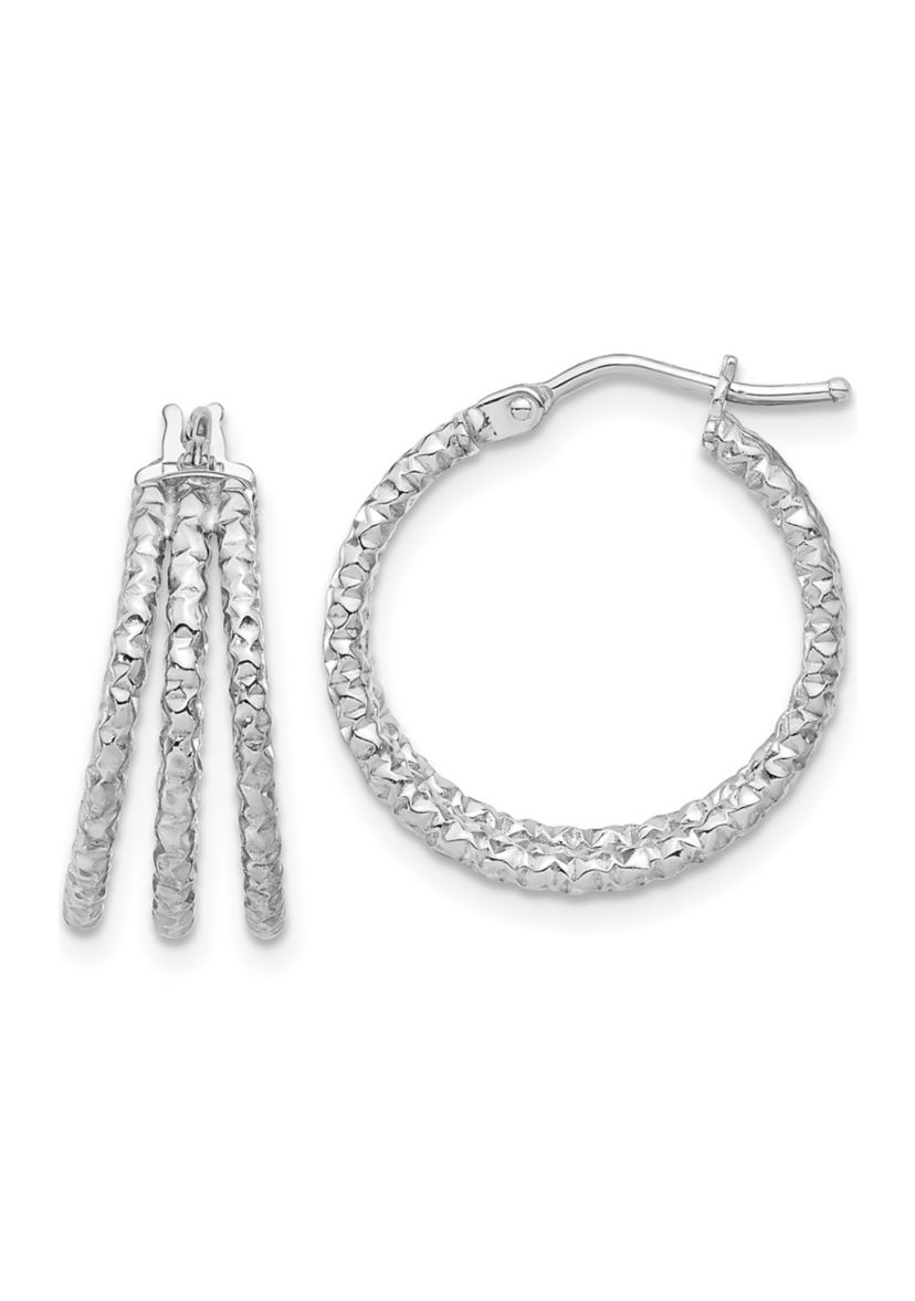 14K Yellow Gold Polished and Textured Three Row Hoop Post Earrings