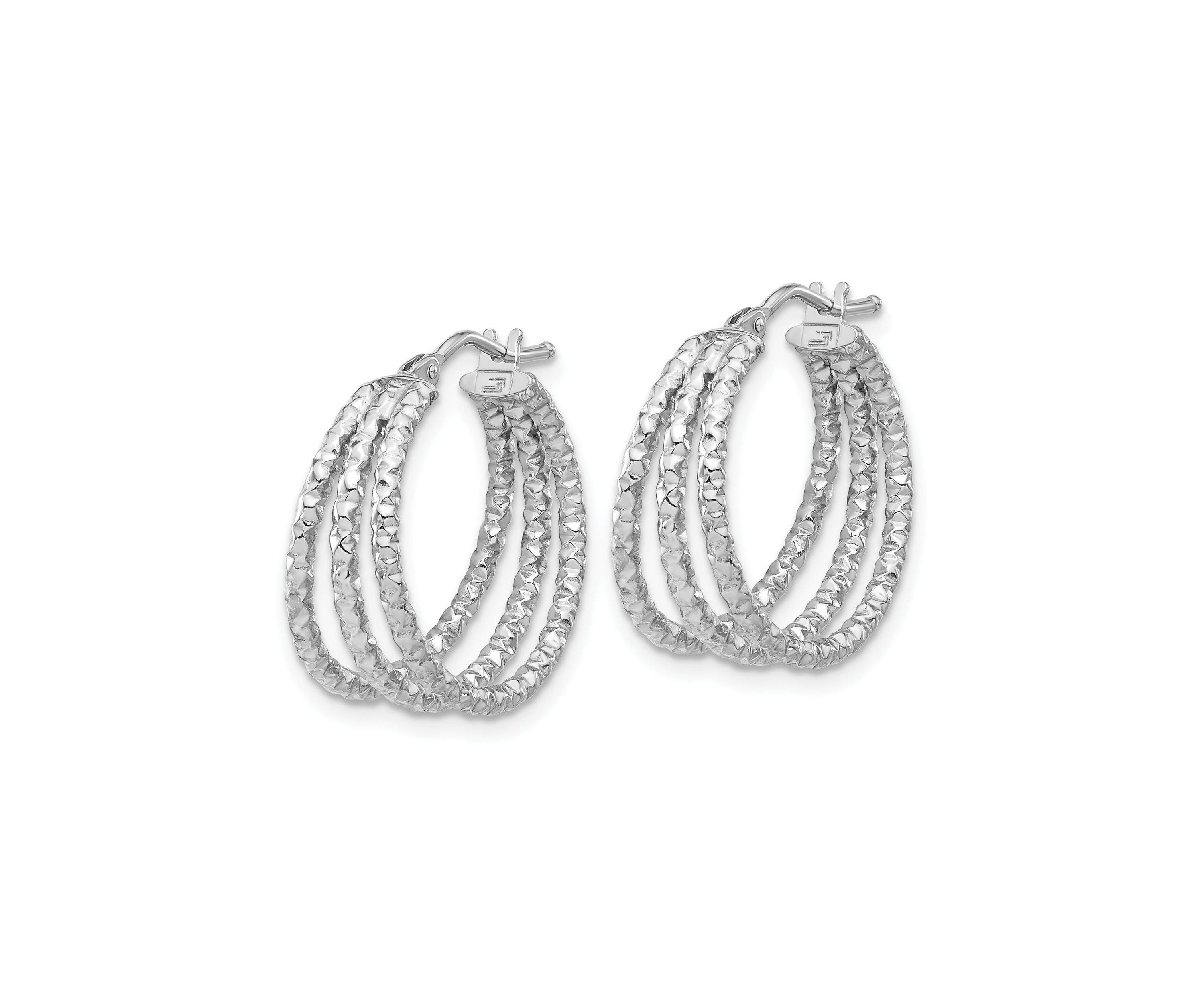 14K Yellow Gold Polished and Textured Three Row Hoop Post Earrings