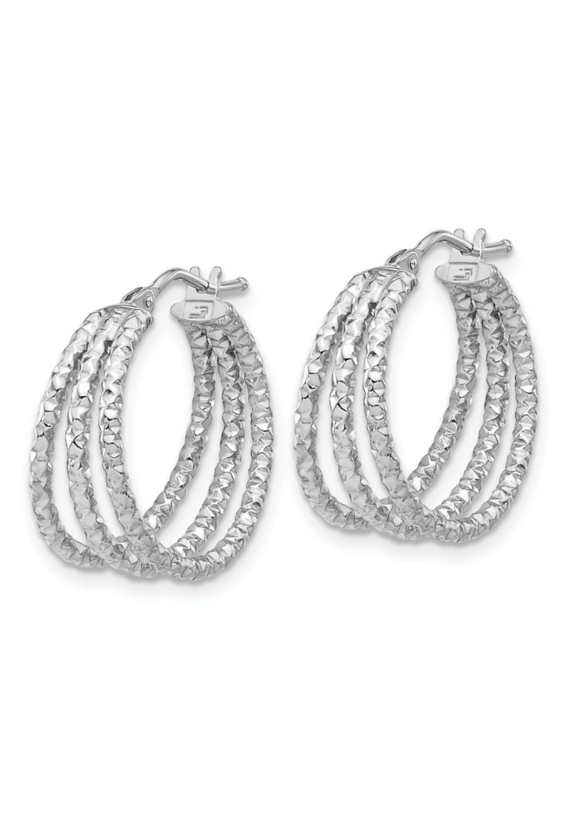 14K Yellow Gold Polished and Textured Three Row Hoop Post Earrings