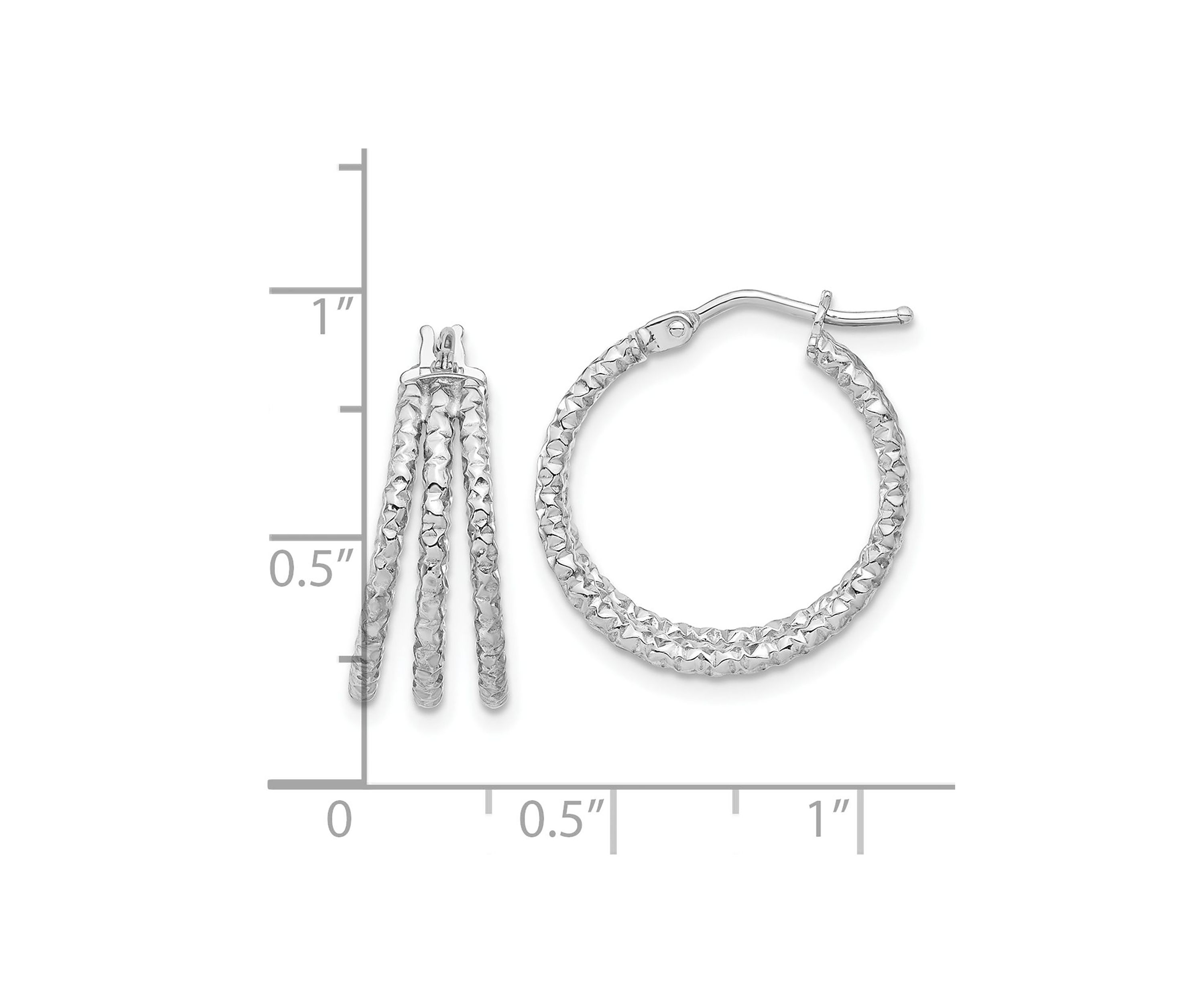 14K Yellow Gold Polished and Textured Three Row Hoop Post Earrings
