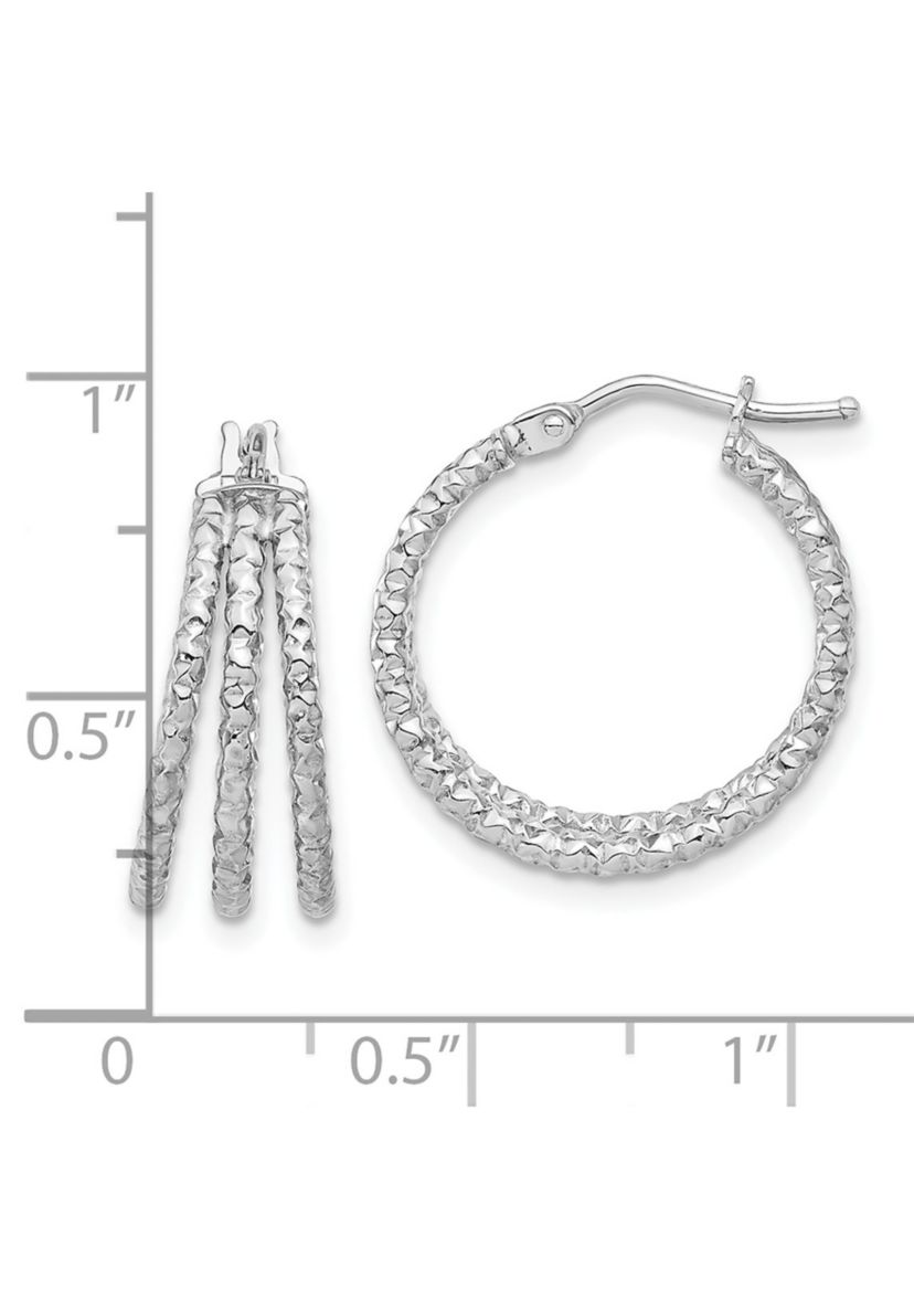 14K Yellow Gold Polished and Textured Three Row Hoop Post Earrings
