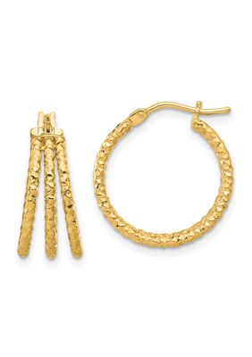 Belk & Co 14K Yellow Gold Polished and Textured Three Row Hoop Post Earrings