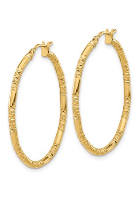 14K Yellow Gold Polished and Textured Hoop Earrings