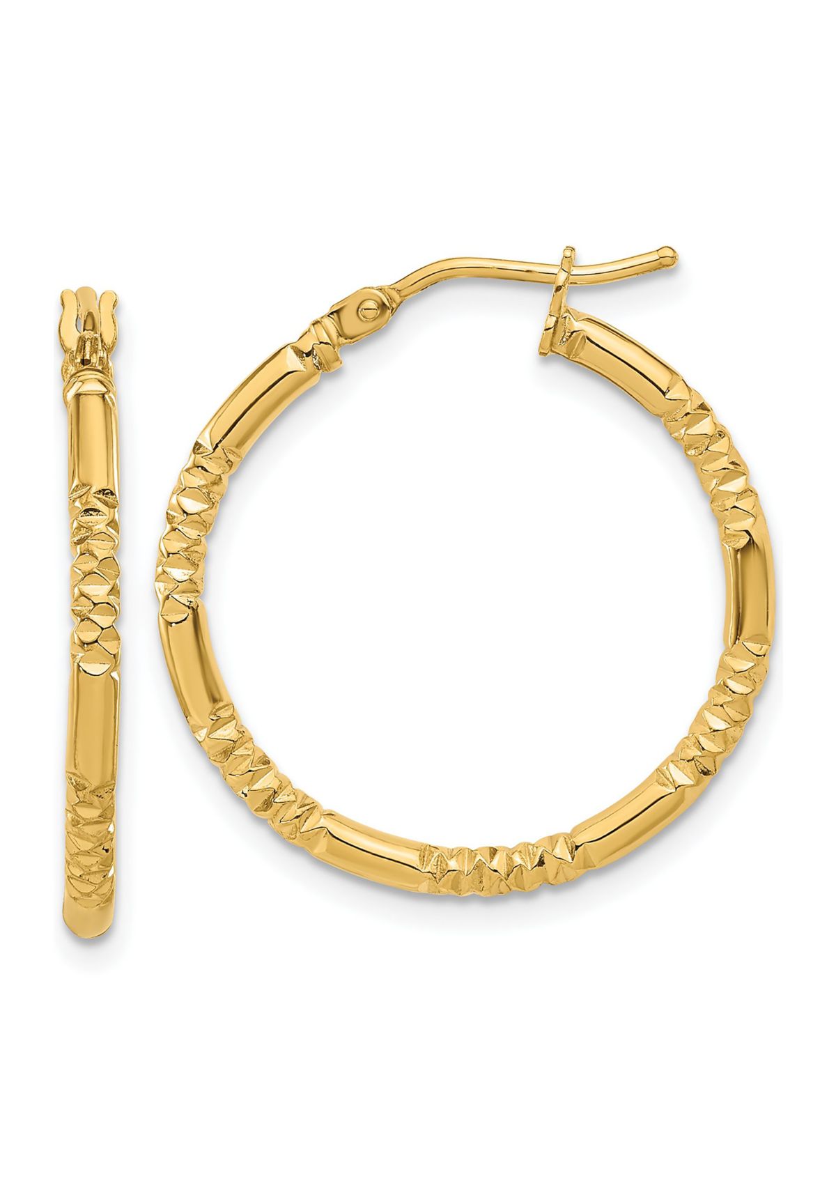 14K Yellow Gold Polished and Textured Hoop Earrings