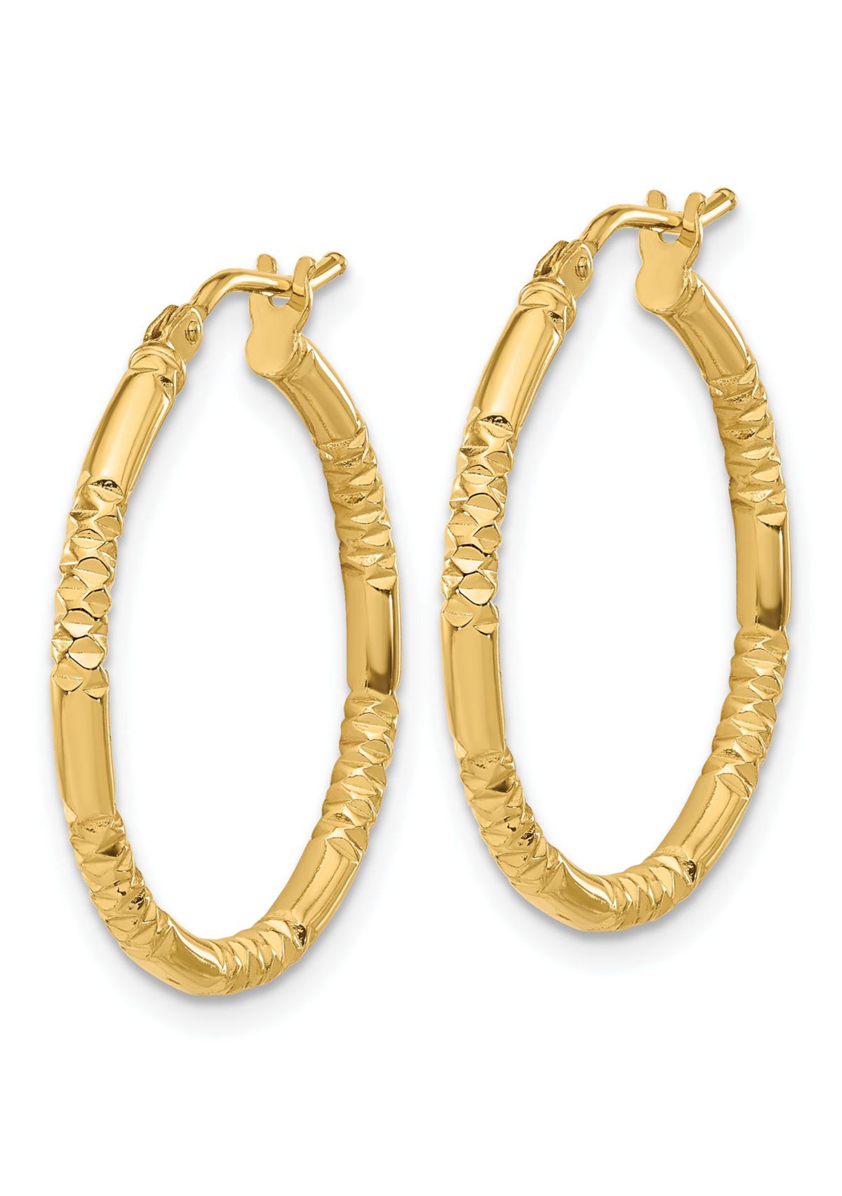 14K Yellow Gold Polished and Textured Hoop Earrings
