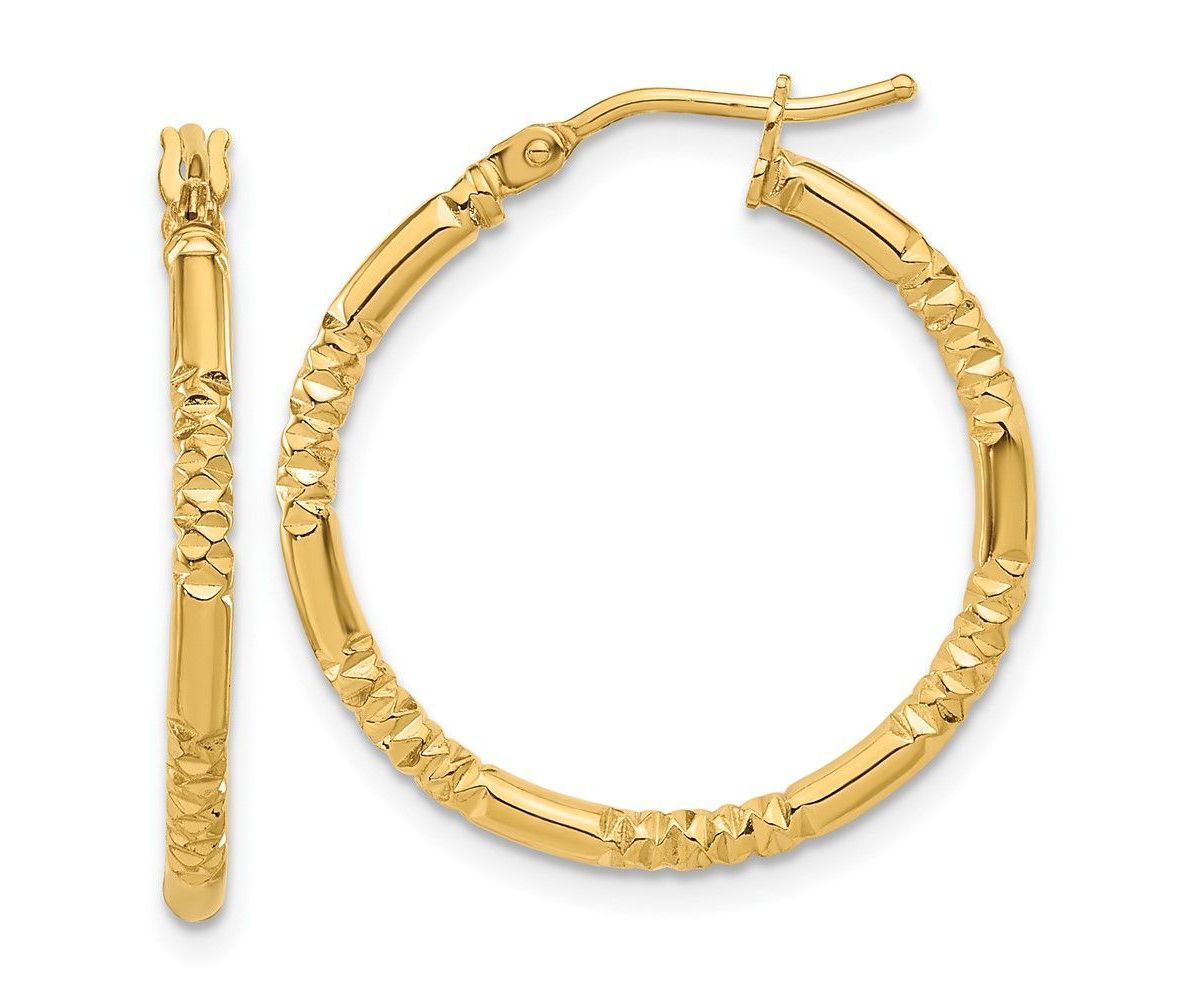 14K Yellow Gold Polished and Textured Hoop Earrings