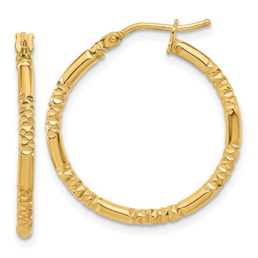 14K Yellow Gold Polished and Textured Hoop Earrings