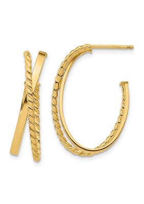 14K Yellow Gold Polished and Twist J-Hoop Post Earrings