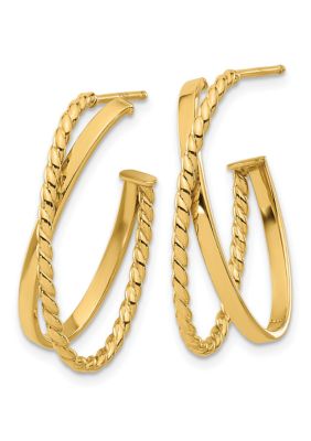 14K Yellow Gold Polished and Twist J-Hoop Post Earrings