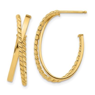 14K Yellow Gold Polished and Twist J-Hoop Post Earrings