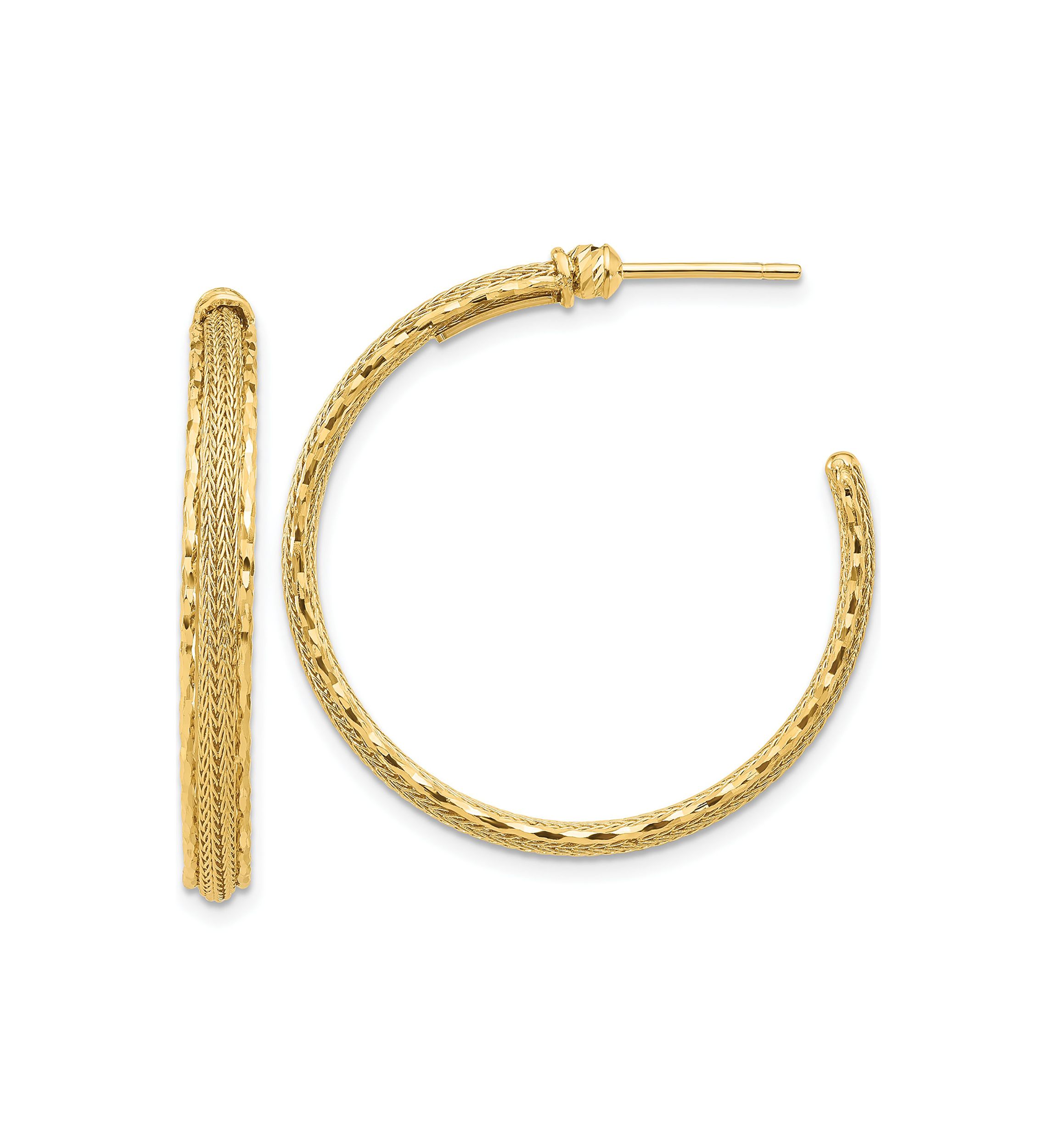 14K Gold Diamond Cut and Textured Post Hoop Earrings