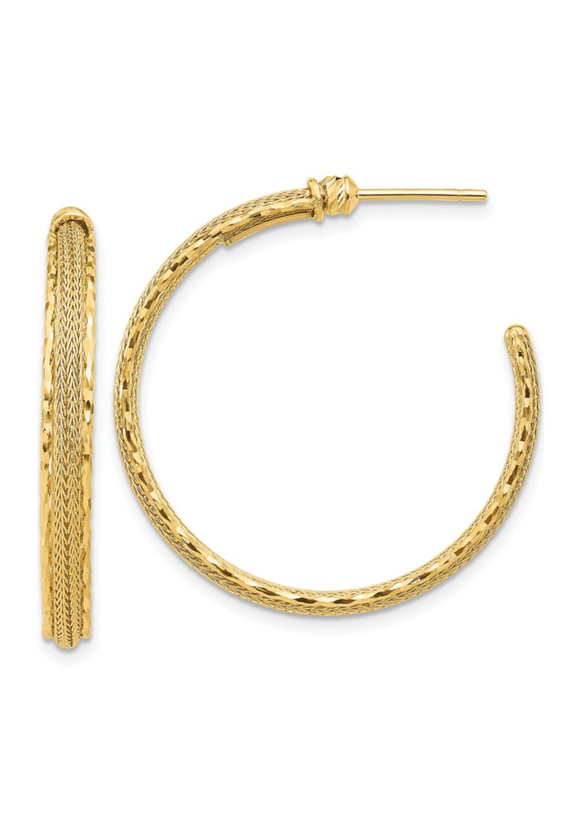 14K Gold Diamond Cut and Textured Post Hoop Earrings