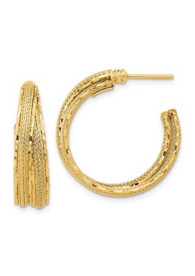 14K Yellow Gold Diamond Cut and Textured Post Hoop Earrings