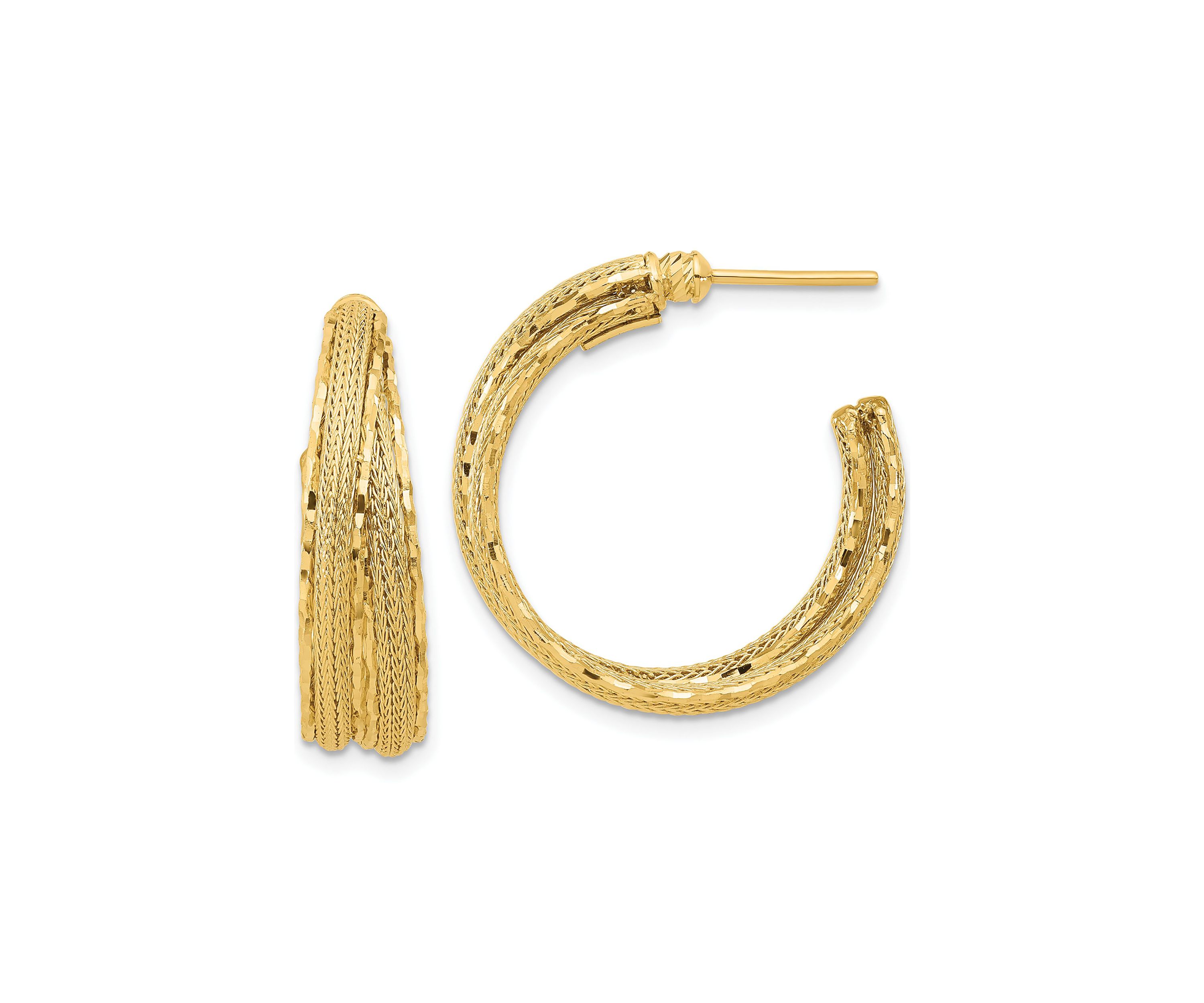 14K Yellow Gold Diamond Cut and Textured Post Hoop Earrings