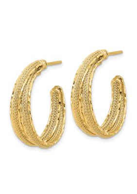 14K Yellow Gold Diamond Cut and Textured Post Hoop Earrings