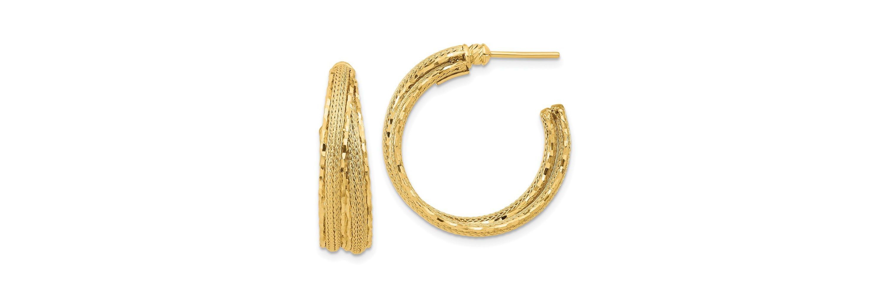 14K Yellow Gold Diamond Cut and Textured Post Hoop Earrings