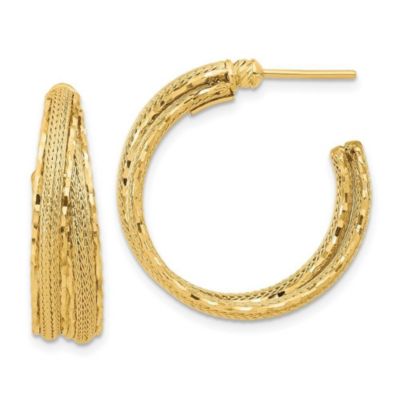 14K Yellow Gold Diamond Cut and Textured Post Hoop Earrings