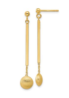 14K Yellow Gold Polished Bar with Brushed Bead Dangle Post Earrings