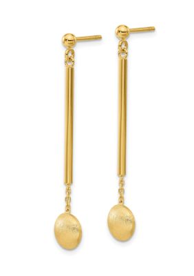 14K Yellow Gold Polished Bar with Brushed Bead Dangle Post Earrings