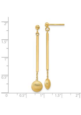 14K Yellow Gold Polished Bar with Brushed Bead Dangle Post Earrings