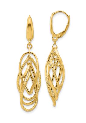 14K Yellow Gold Polished and Textured Ovals Dangle Earrings