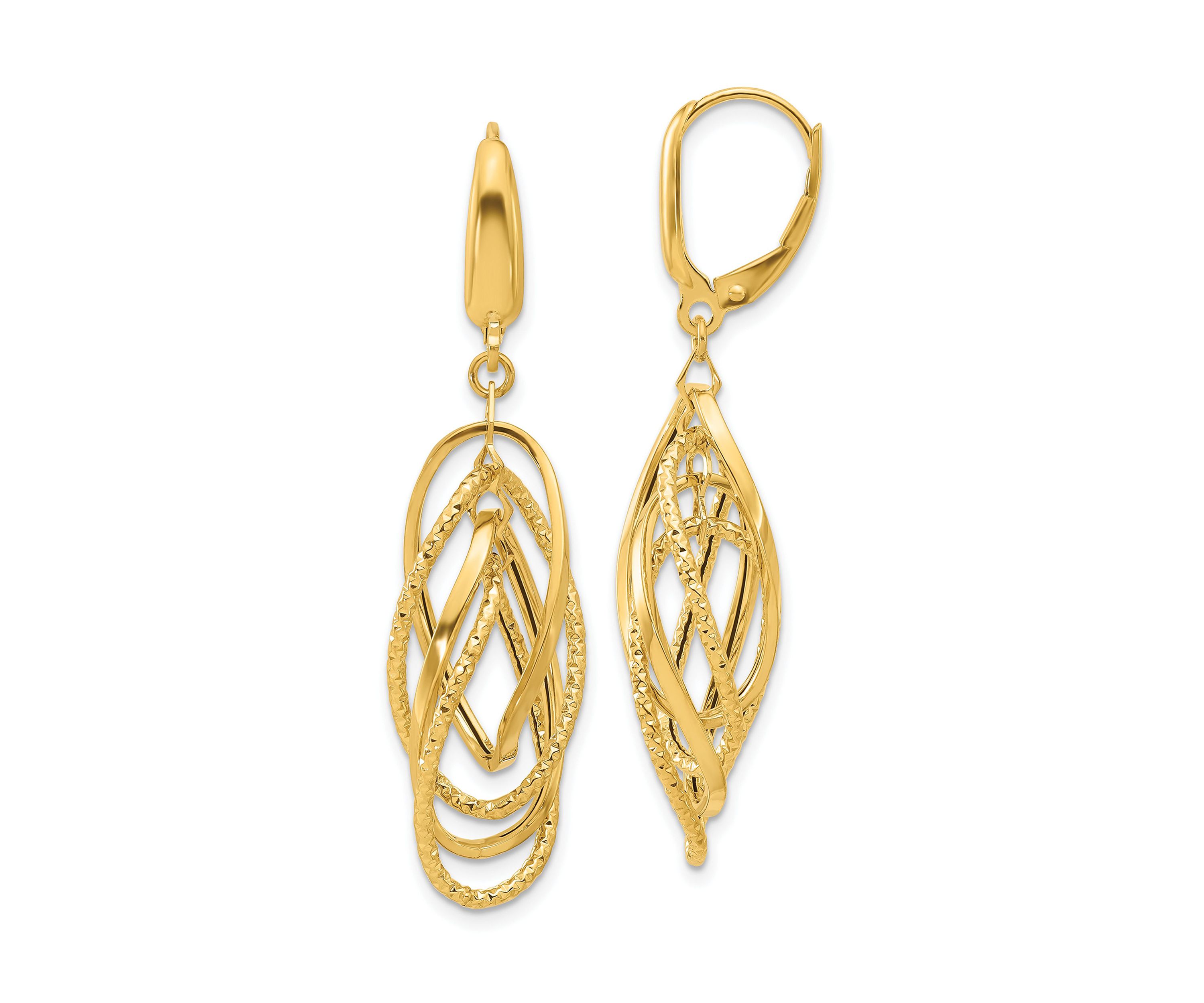 14K Yellow Gold Polished and Textured Ovals Dangle Earrings